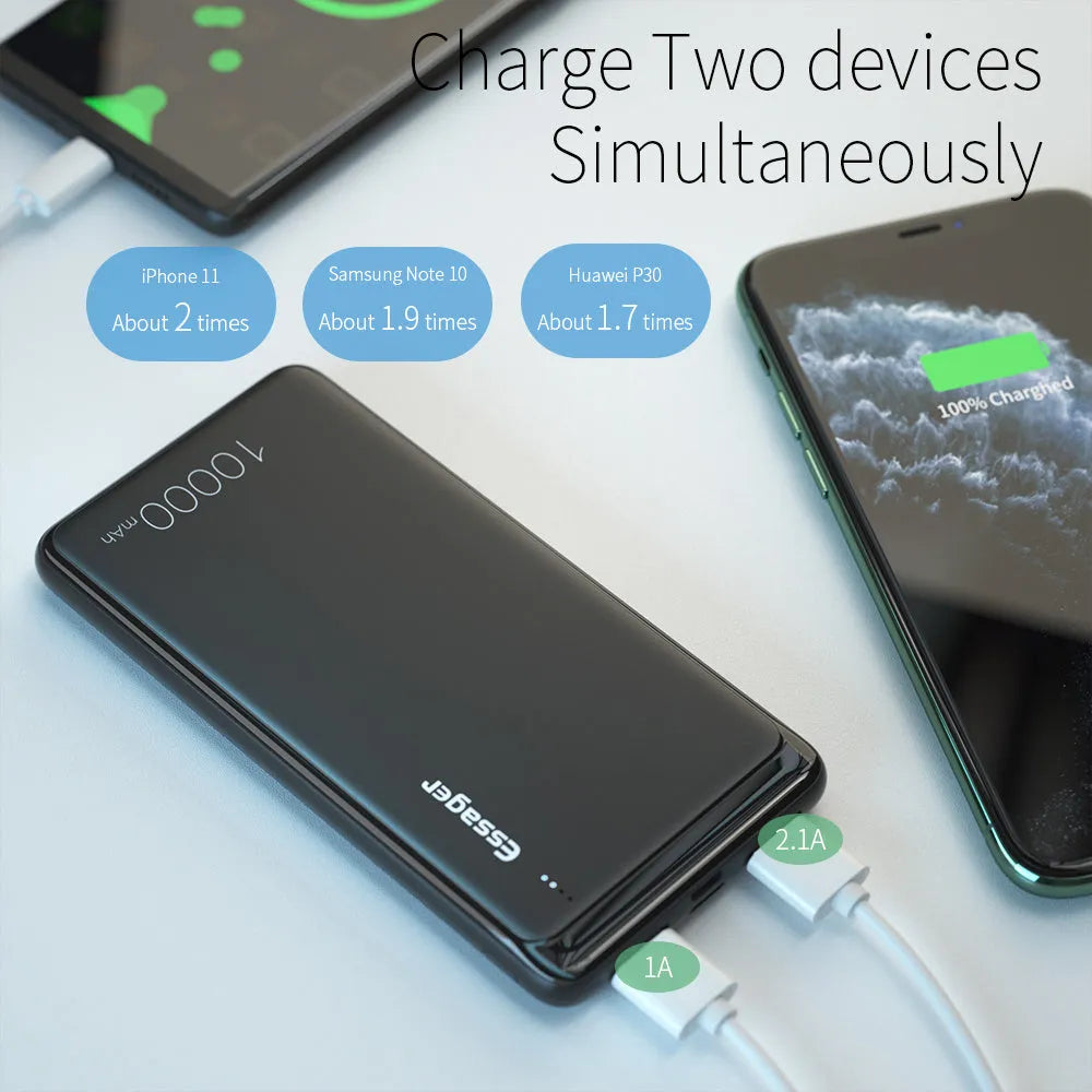 Essager Small Jane black and white 10000mAh portable power bank with two USB ports