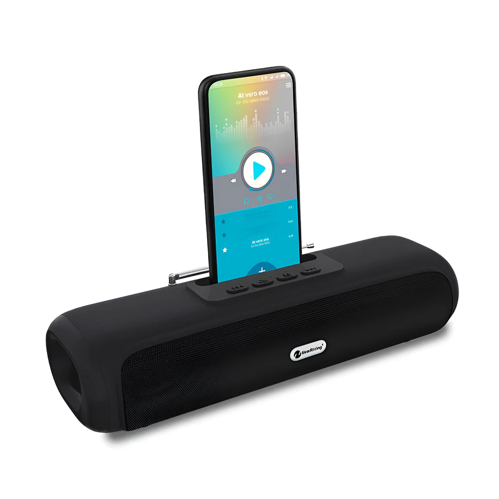 Desktop wireless long strip subwoofer in black, blue, red, or silver grey with USB charging port.