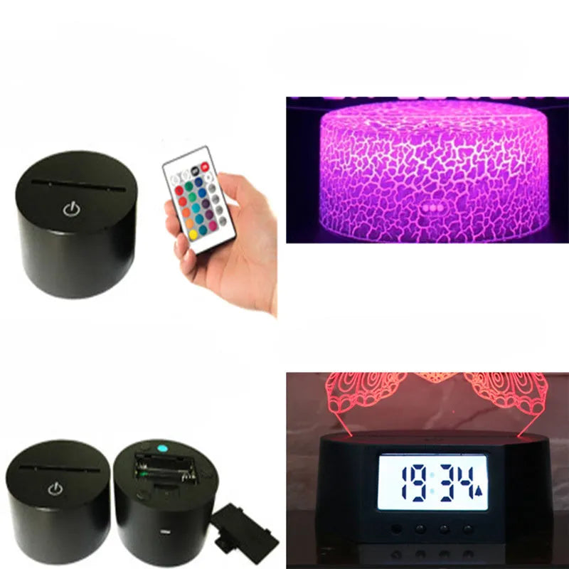 3D acrylic LED table lamp with remote control on a desk, showing colourful illumination.
