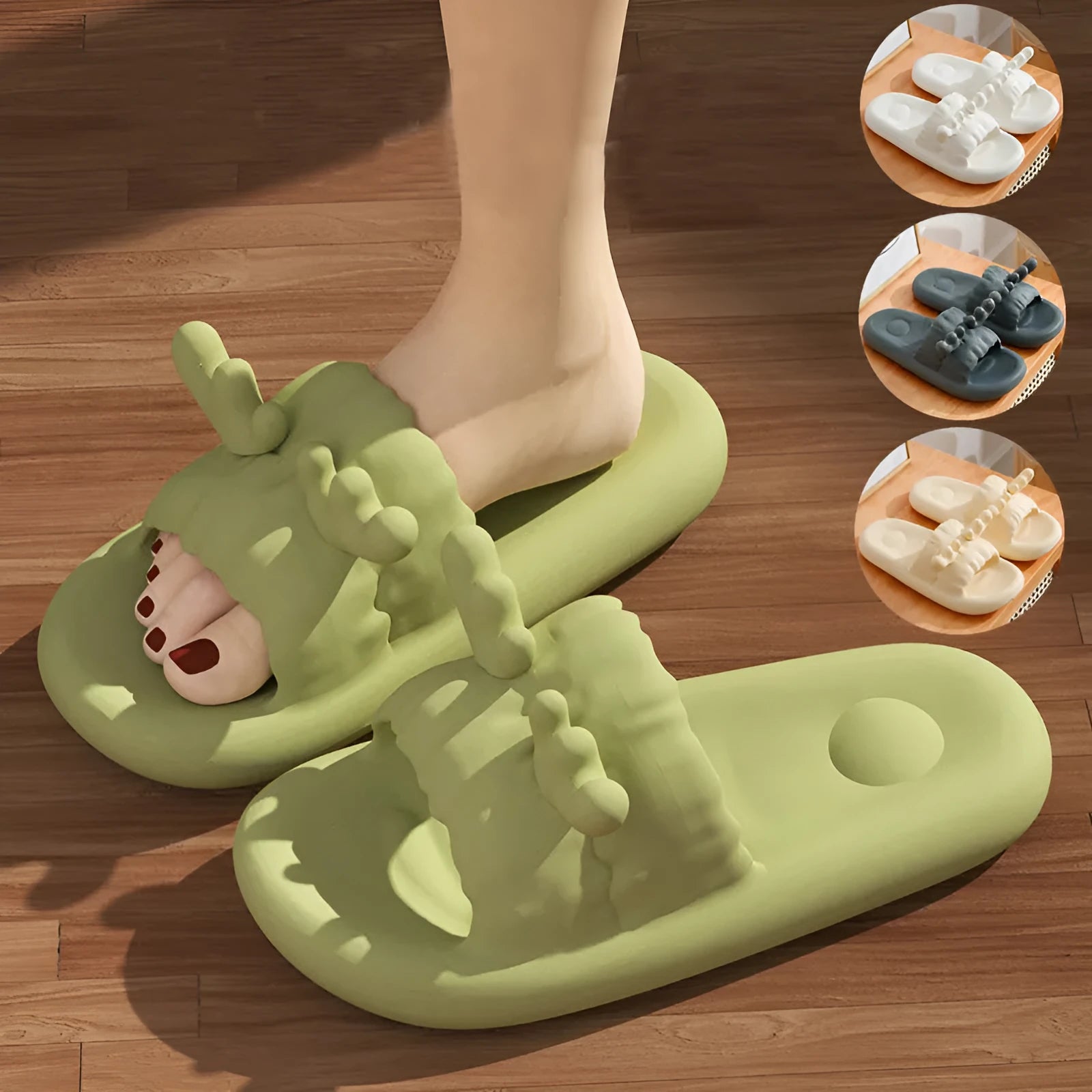 White women's flip flop slippers with deer horn design and hollow-out EVA upper on a light background.