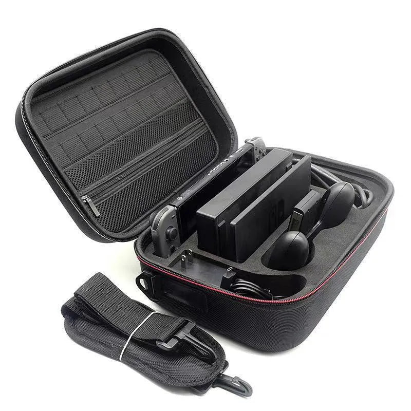 Black EVA game console accessory storage bag showing dimensions and 5kg load capacity for controllers and cables