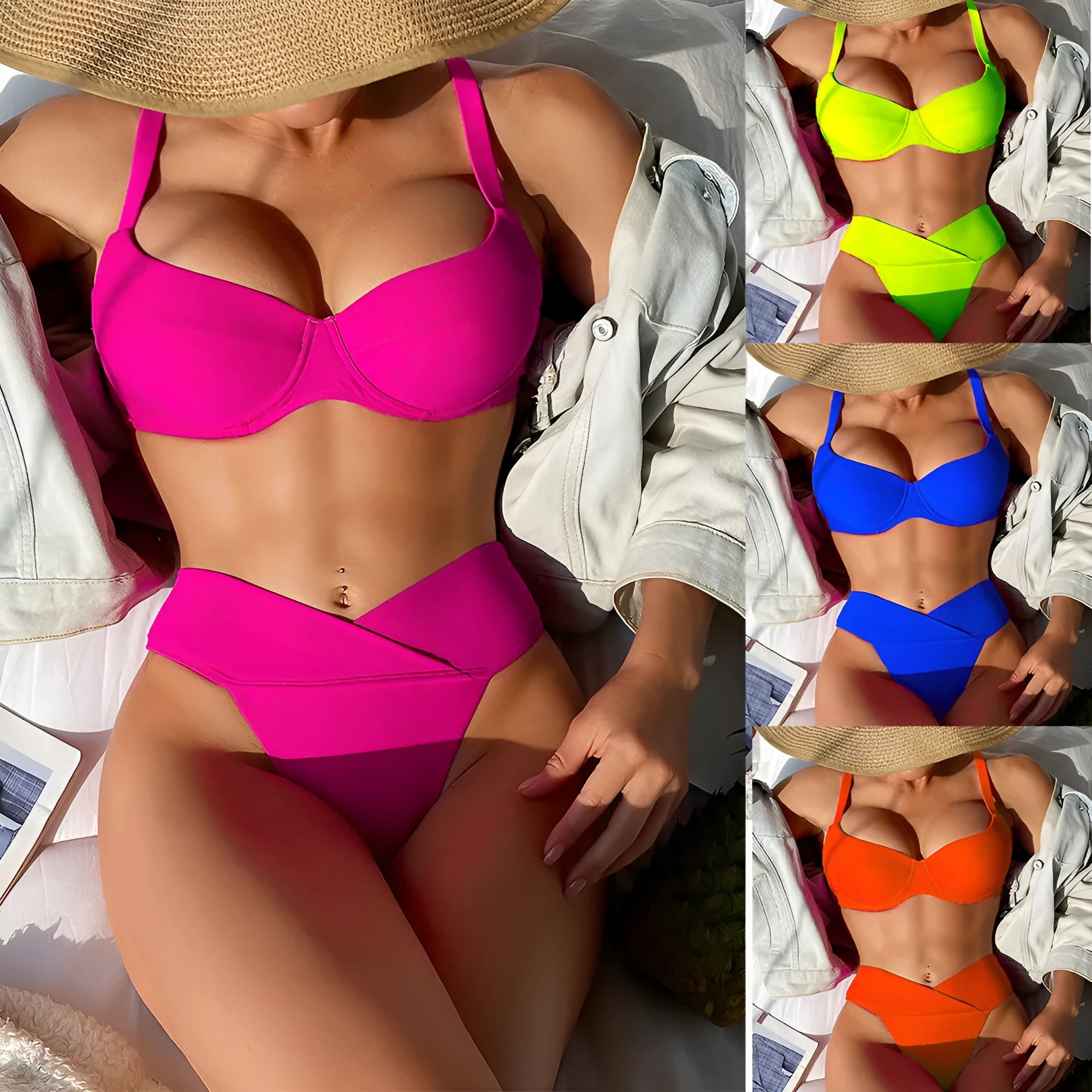 Solid colour fluorescent bikini swimsuit with briefs style for European and American sizing.