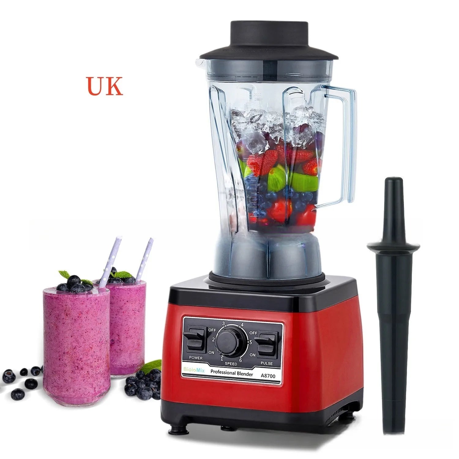 Red A8700 commercial blender with 2-litre jug and 2200W motor on a countertop.