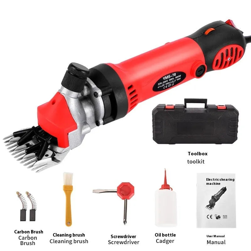 Yellow electric wool shearing machine with 110V plug and multiple blade sets in storage case