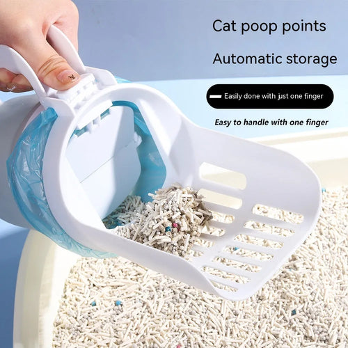 Grey cat litter scoop attached to a waste bin with a lid, showing foldable bottom and non-slip handle.