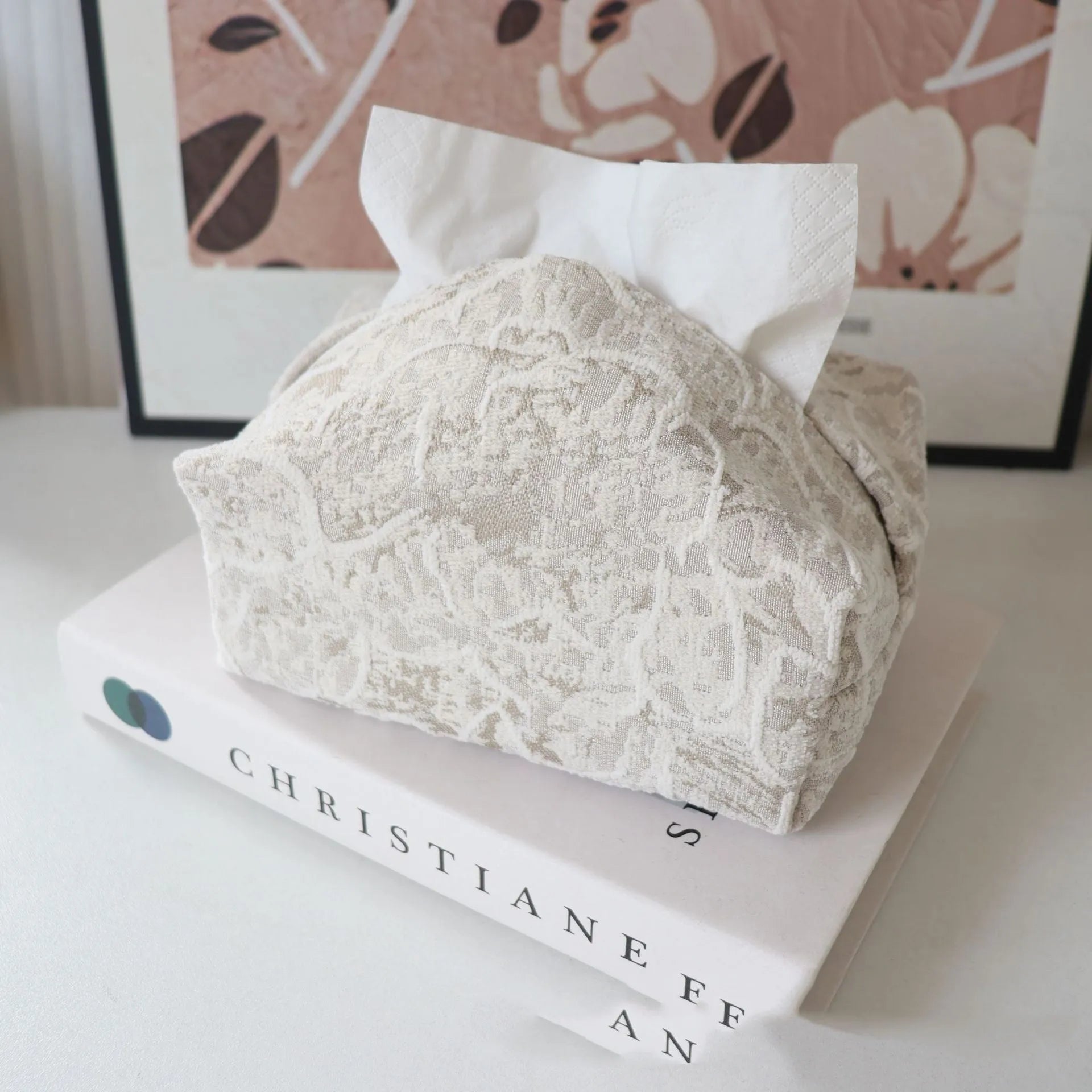 Cotton floral fabric tissue box cover in beige, blue, or brown, showing removable drawer.