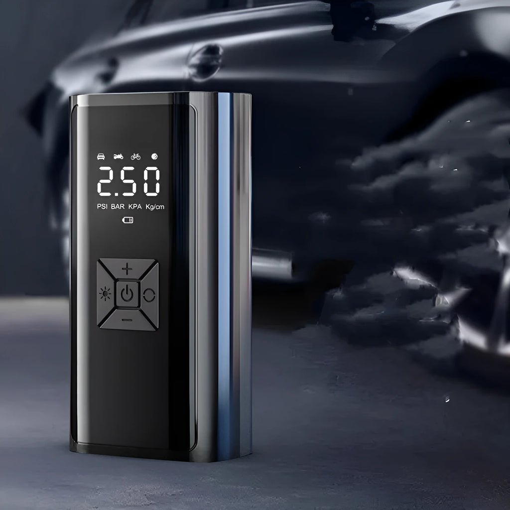 Portable wireless digital display electric car tyre pump with LED light on a black ABS and metal body.