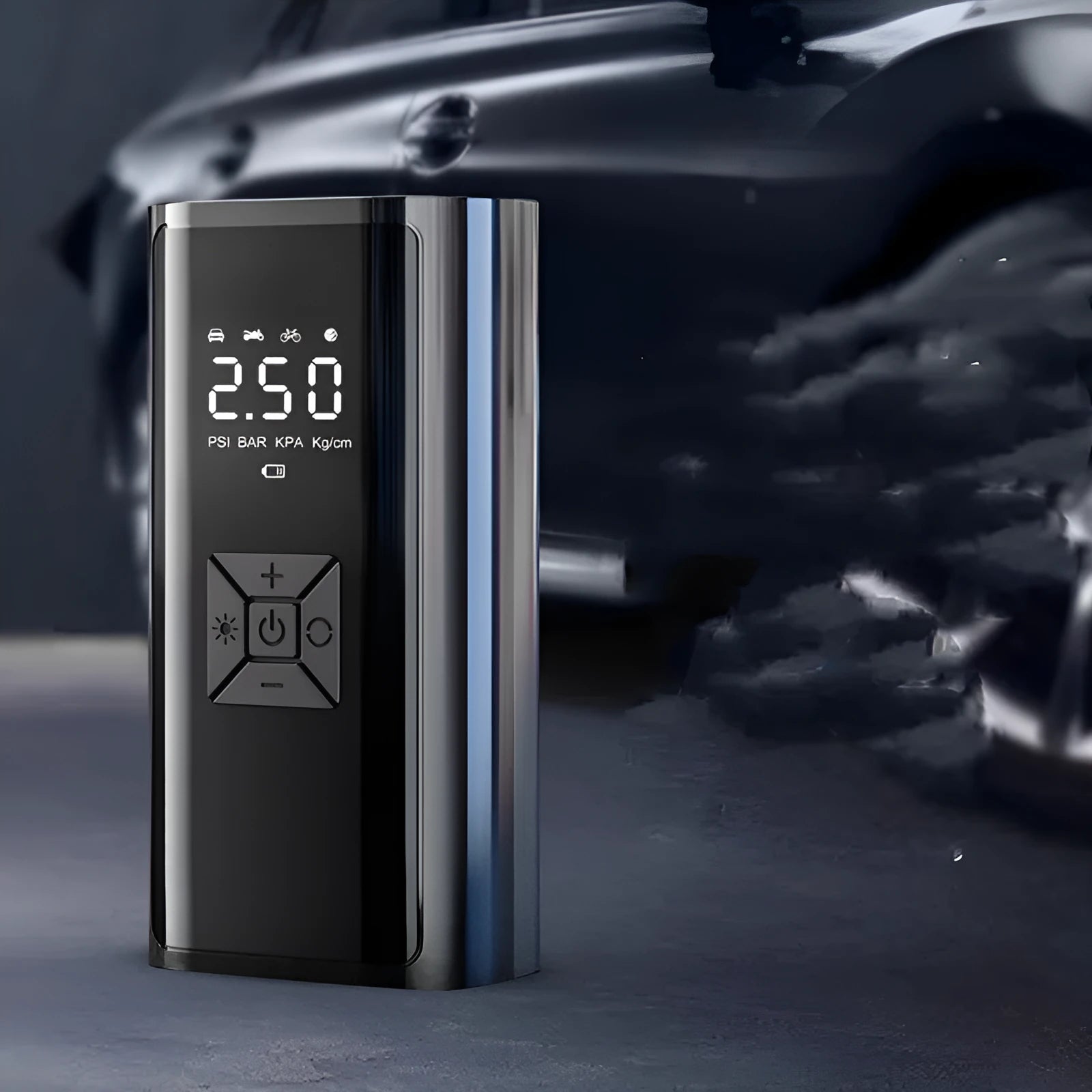 Portable wireless digital display electric car tyre pump with LED light on a black ABS and metal body.