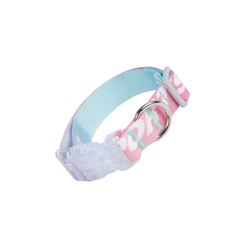 Nylon dog collar with cartoon gradient pattern showing adjustable sizing and panda green colour option