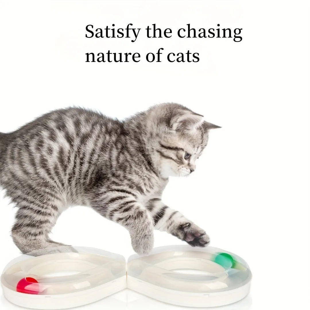 Blue rotating cat turntable toy with track ball and teasing stick measuring 50cm long