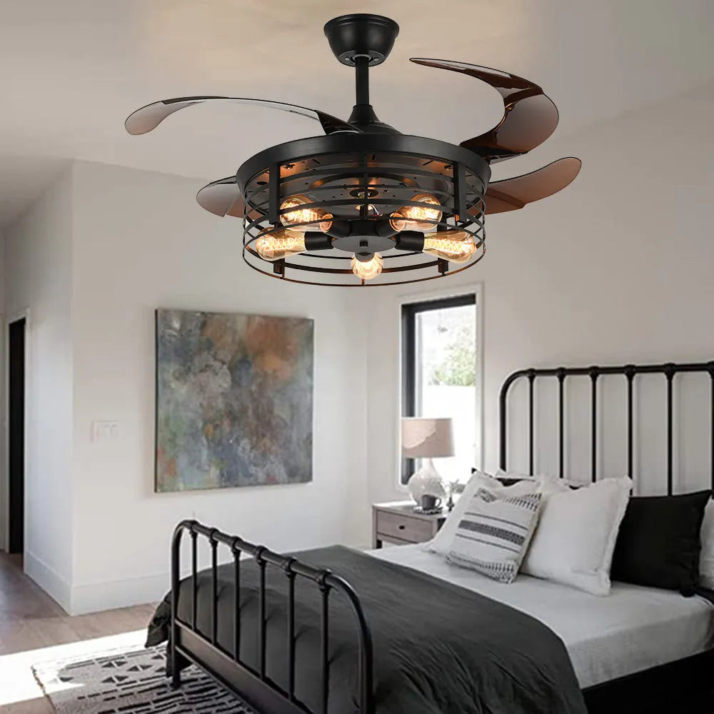 American retro style ceiling fan with integrated light and acrylic blades, shown with remote control.