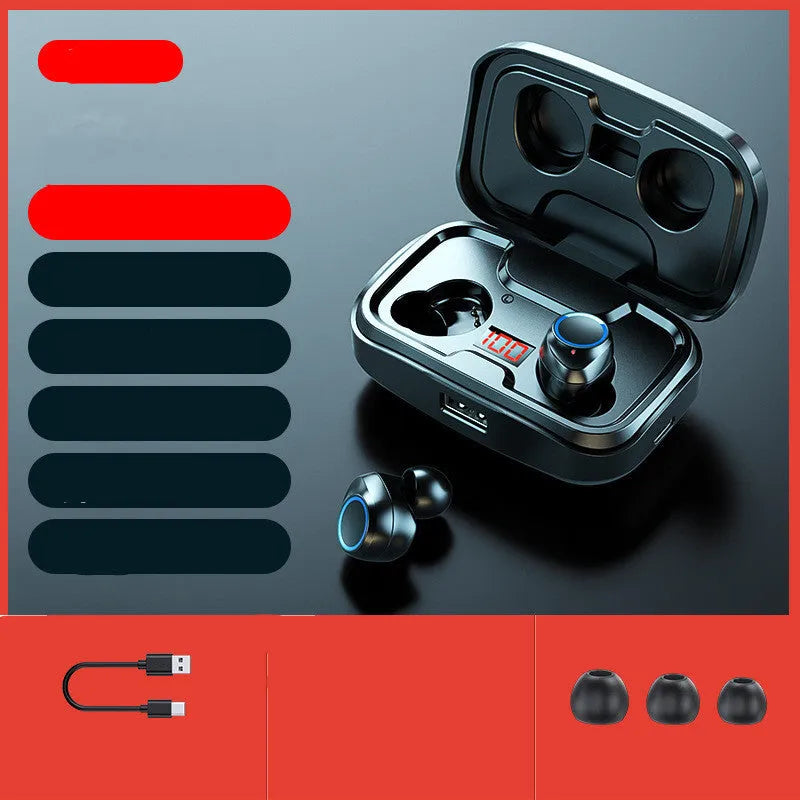 Black wireless Bluetooth earphones with in-ear design showing stereo binaural configuration