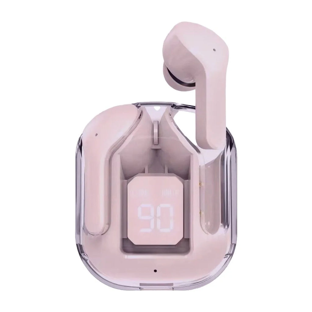 Transparent space capsule case containing true wireless Bluetooth earbuds with digital display screen