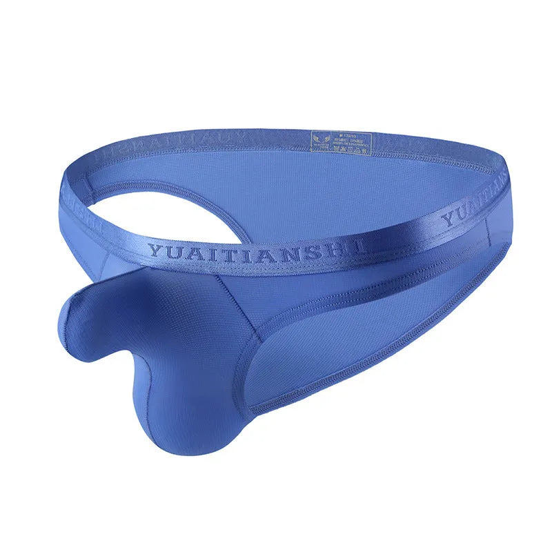 Men's thin solid colour low waist underwear in nylon, shown in deep sky blue.