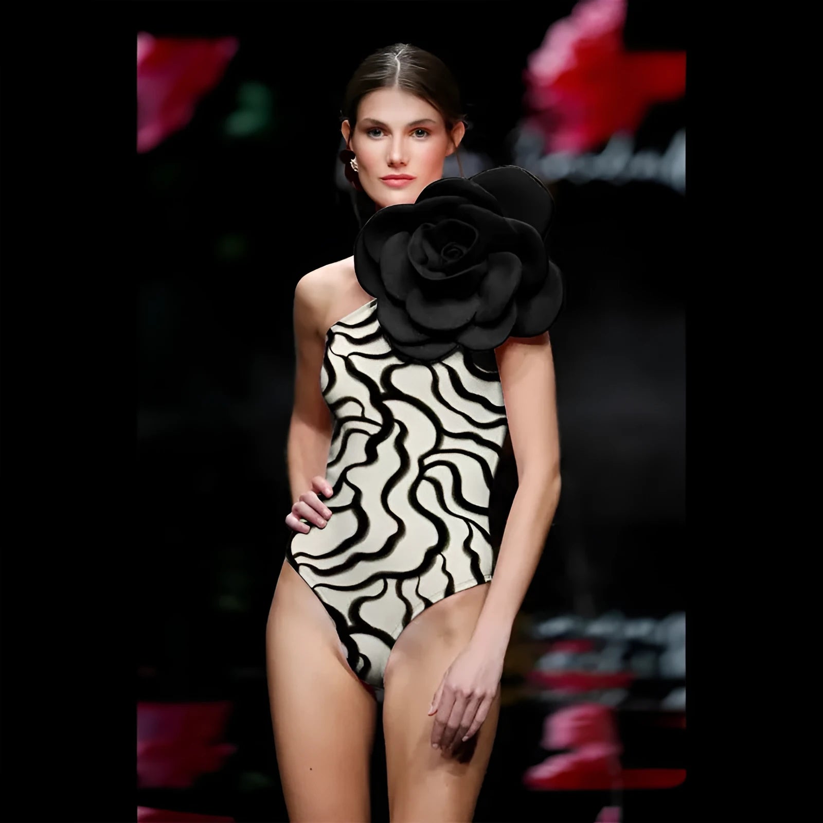 One-piece floral swimsuit on a hanger with optional matching skirt, showing European and American fit.