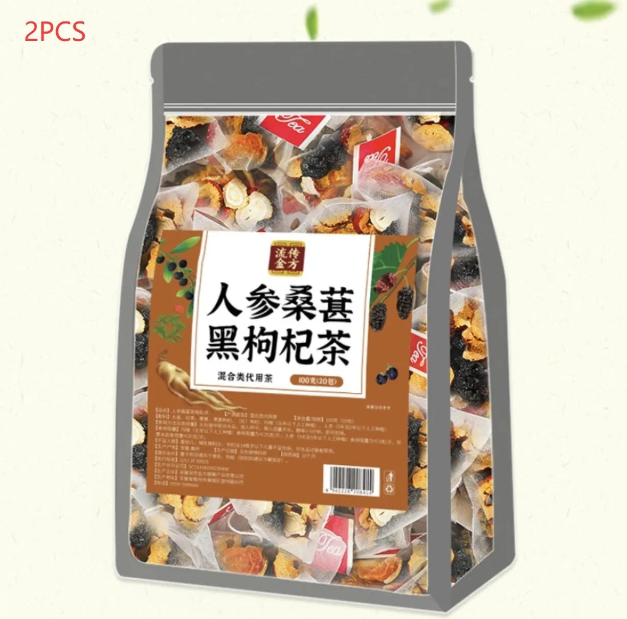 Pack of Ginseng Black Wolfberry Tea showing 40 individual 5g sachets for male vitality support.