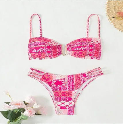 Women's high-waist floral bikini swimsuit in blue, orange, rose red, and pink colour options