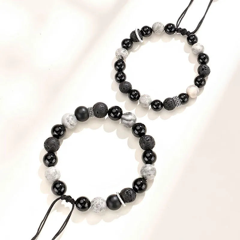 Black agate map stone volcanic rock bracelet with diamond design in 10mm and 8mm sizes