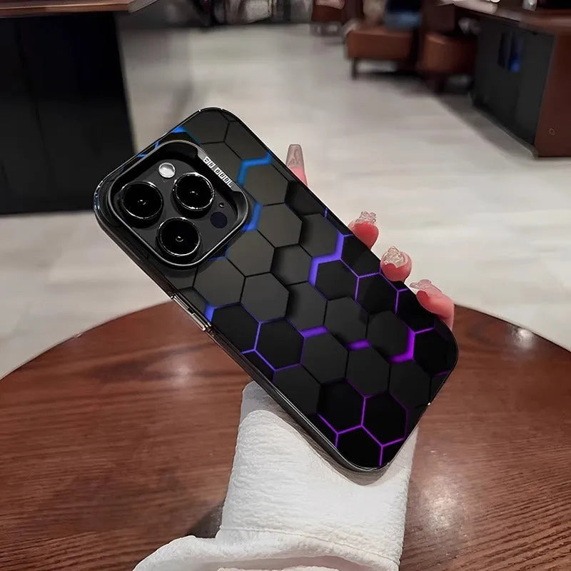 Frosted protective phone case for Apple iPhone with honeycomb square design in moonlight colours.