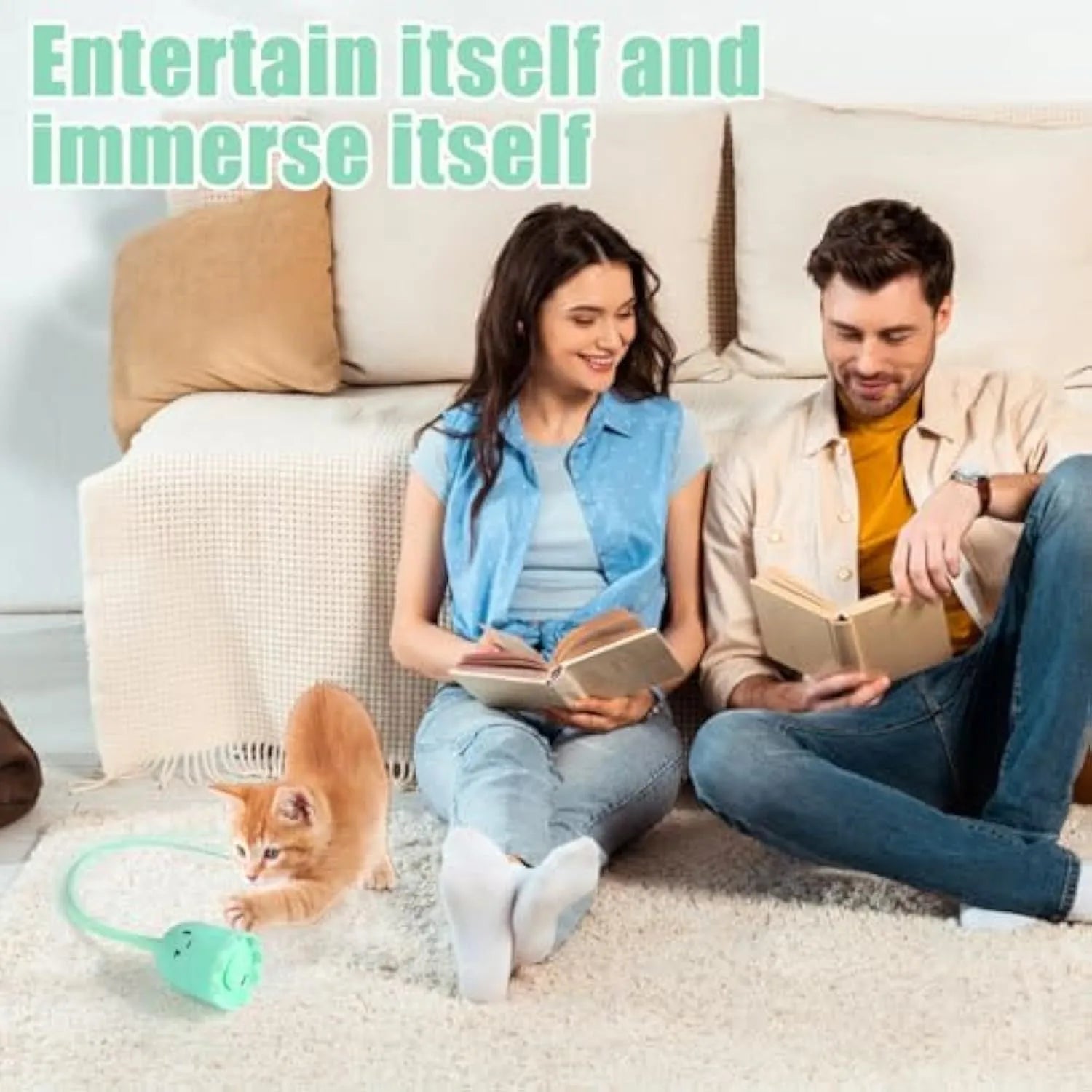 Automatic electronic cat wand toy with swinging silicone tail on a green background