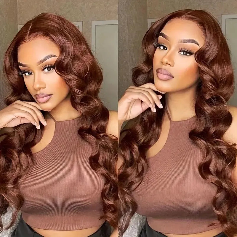 Dark brown long curly synthetic wig with side bangs and a lace front.