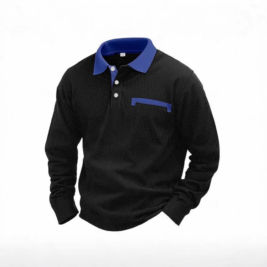 Men's long-sleeved waffle polo shirt in solid colour with asymmetric design details