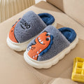 Couple set of plush dinosaur print slippers in grey, coffee, or orange, showing thick indoor design.