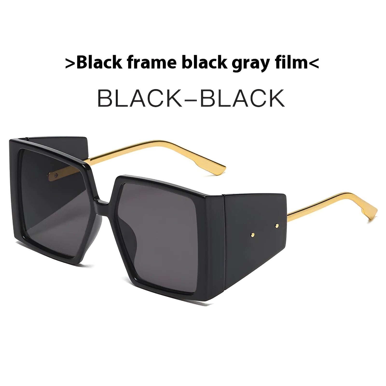 Large square frame sunglasses in seven colours: black, blue, champagne, green, hawksbill, orange, and white.