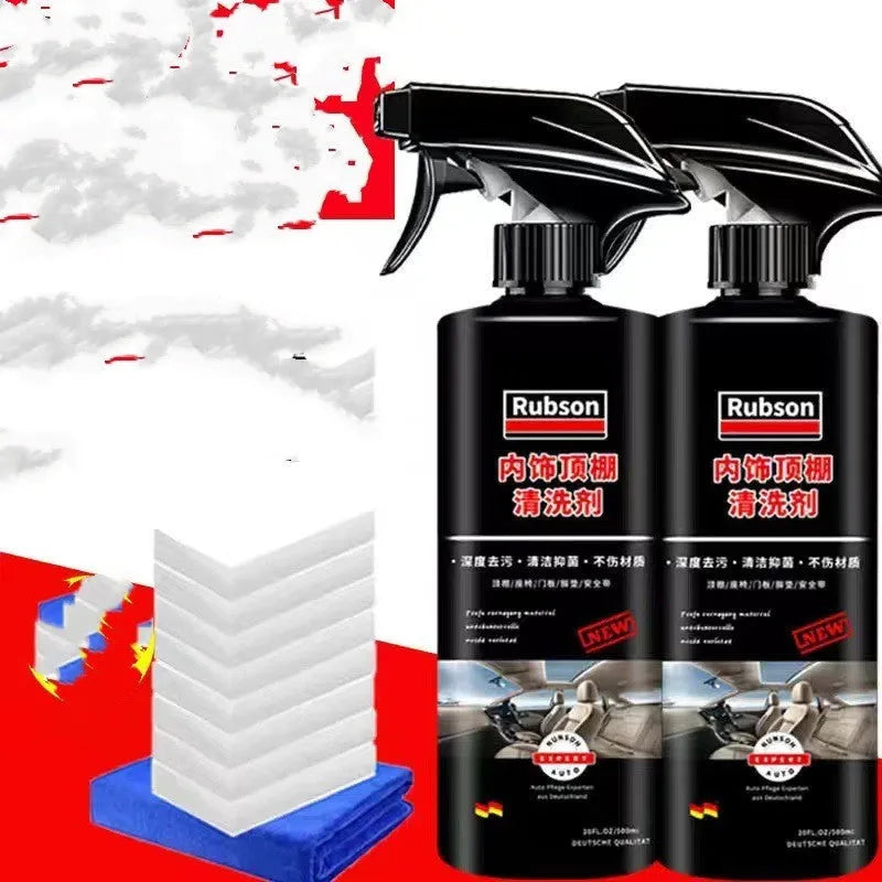 Fabric roof foam cleaner bottles with towel and sponge wipes for interior ceiling cleaning