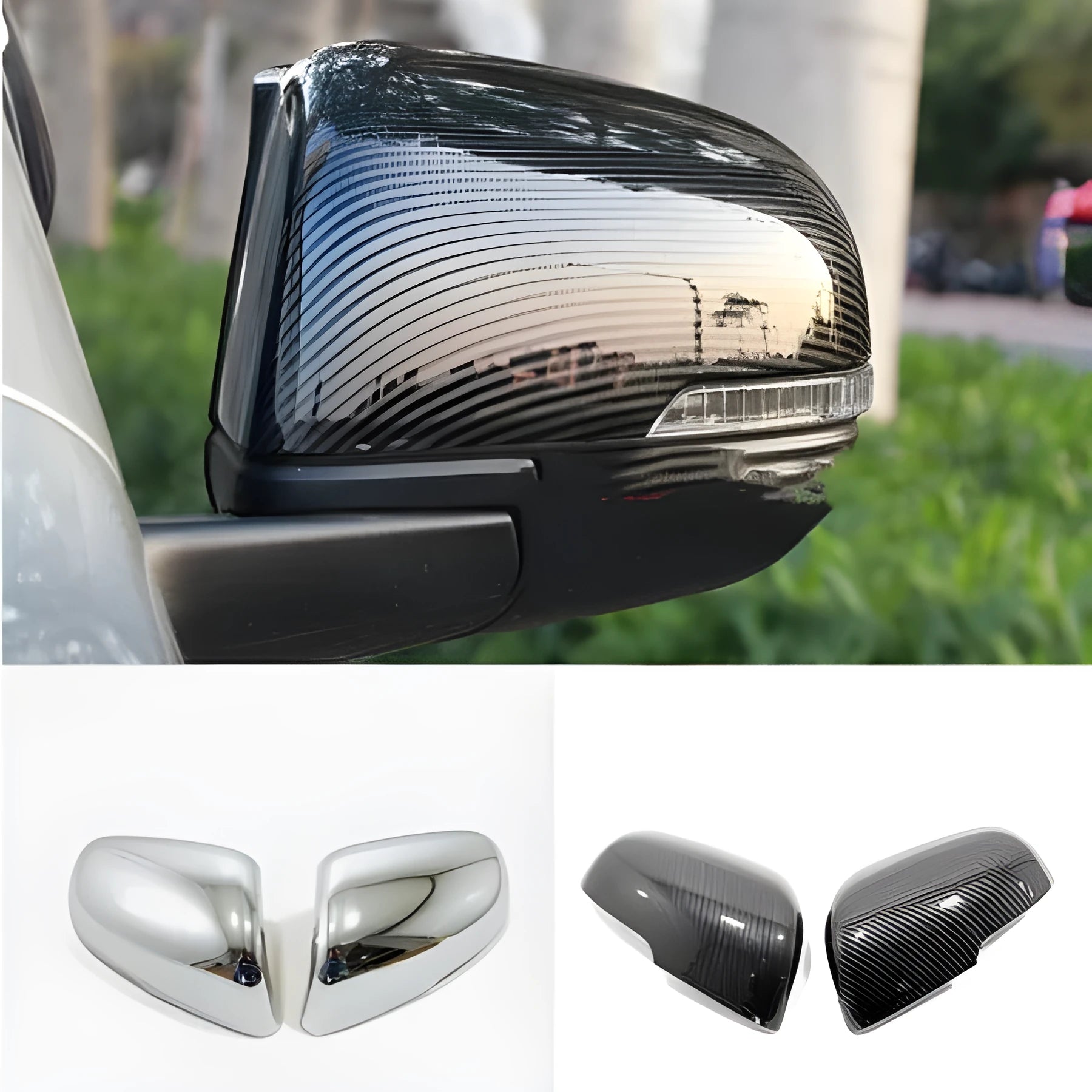 Pair of plastic rearview mirror protection covers in silver and black decorative finishes