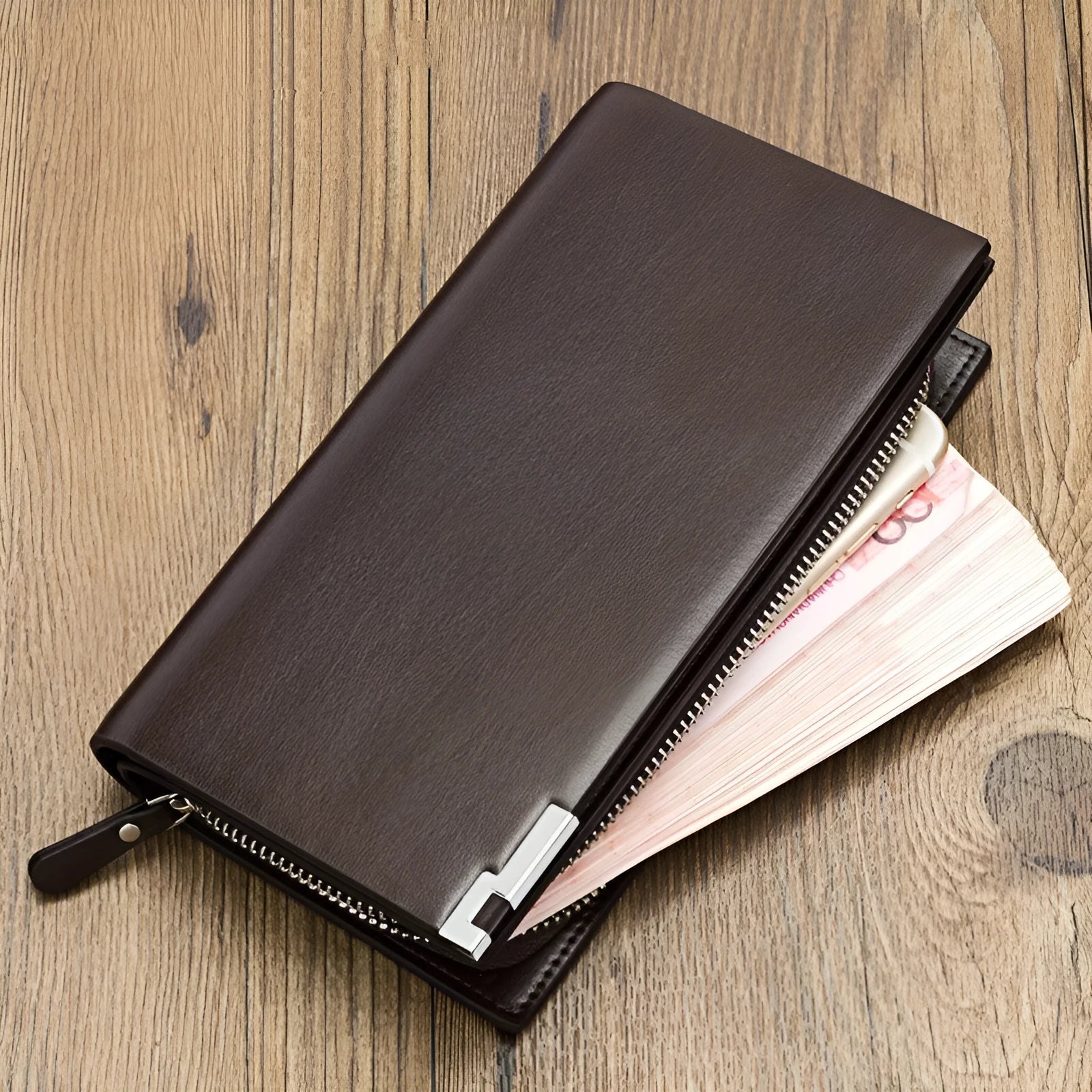 Men's black PU leather wallet with full-length zipper closure showing open compartment