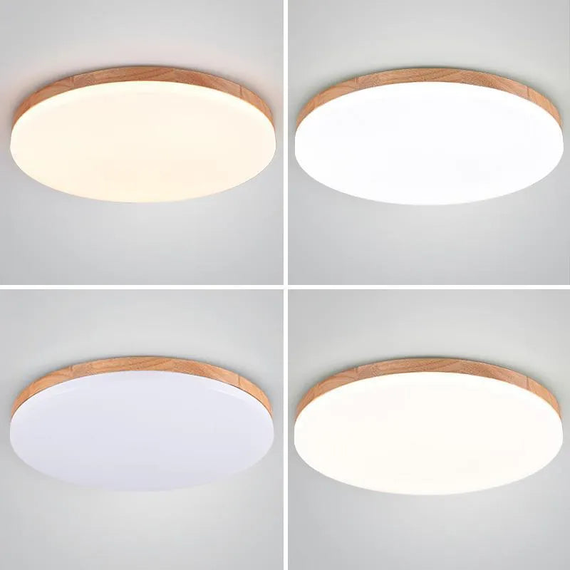 Japanese minimalist style ceiling lamp with a natural wood art body and a white acrylic diffuser shade.