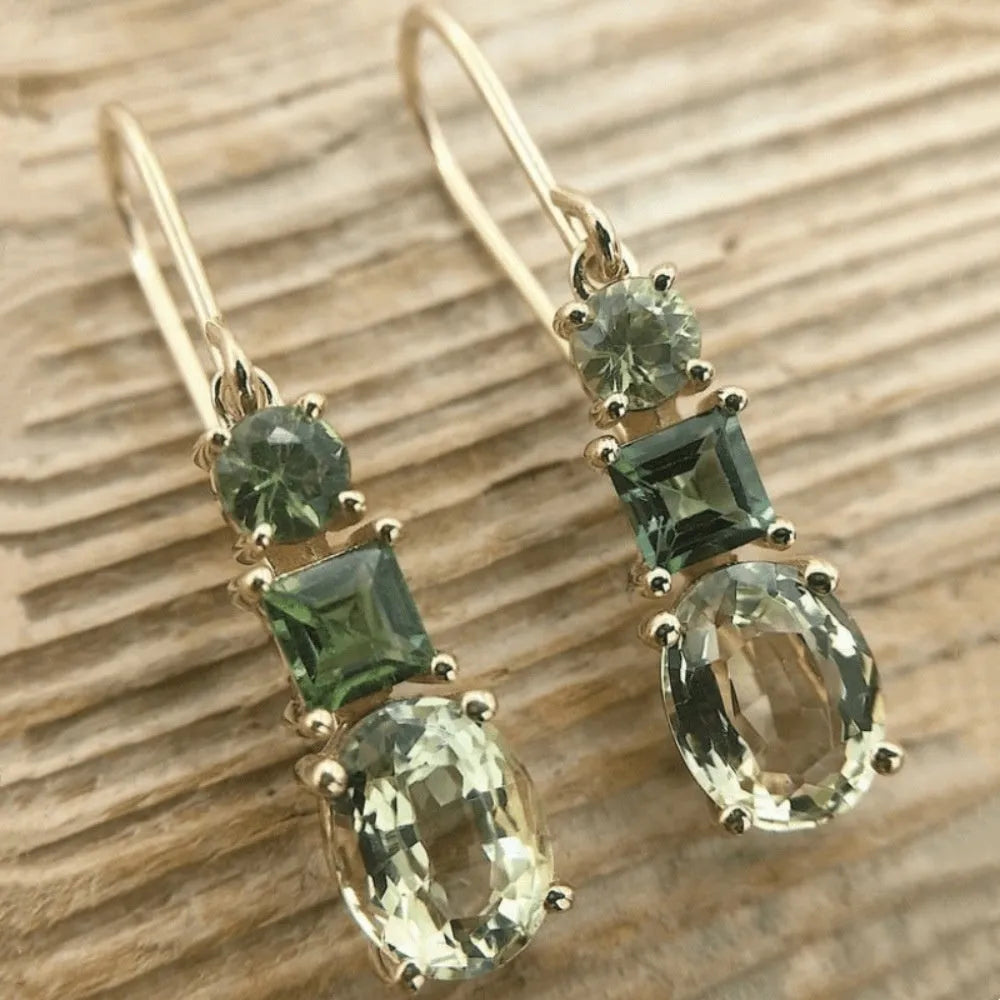 Green copper geometric earrings with quadrilateral shape, minimalist bohemian style