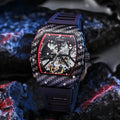Mechanical waterproof luminous men's watch with black dial and rubber strap showing stainless steel buckle