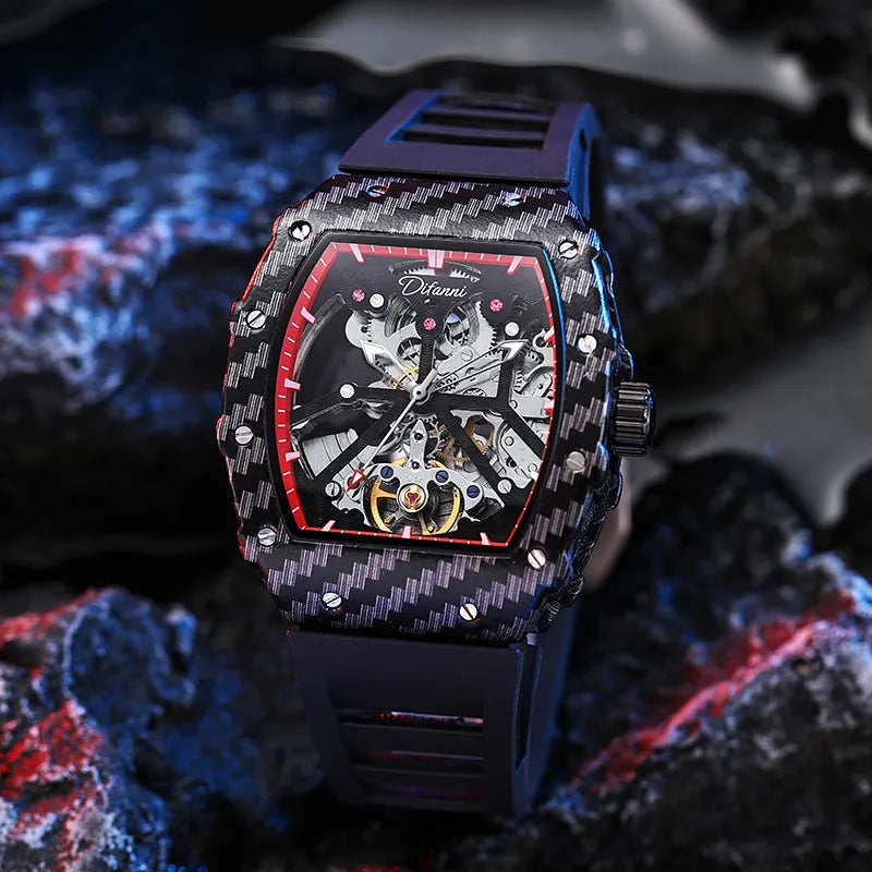 Mechanical waterproof luminous men's watch with black dial and rubber strap showing stainless steel buckle