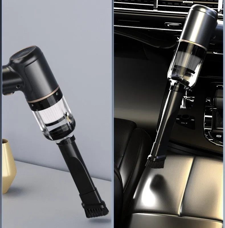 Black wireless handheld car vacuum cleaner with nozzle attachments and USB cable