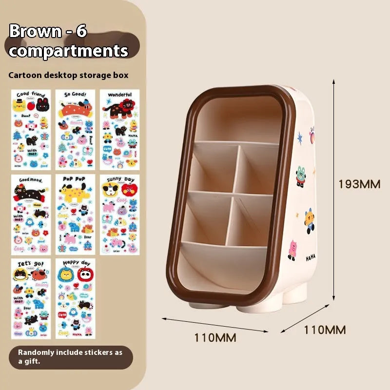 Red and brown cartoon-style desktop storage organiser with grid pattern and sticker set for labelling.