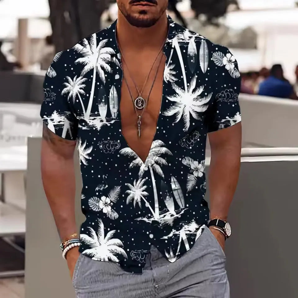 Man wearing a loose-fit floral print short sleeve cardigan shirt in a casual setting.