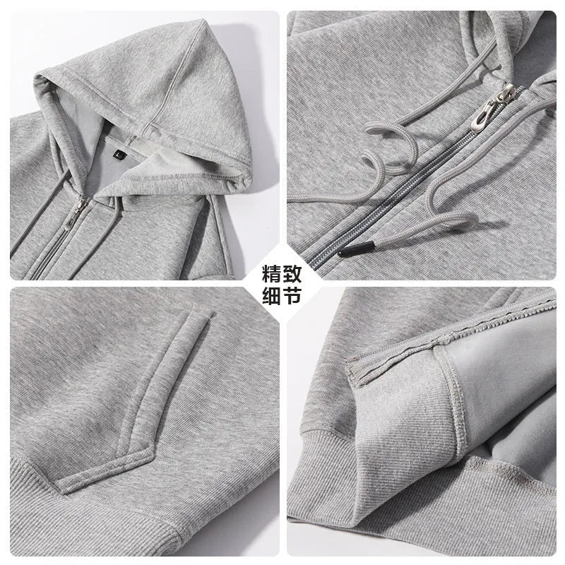 Men's heavyweight beige zip-up hooded cardigan with top-stitch pockets on a mannequin, plus size fit.