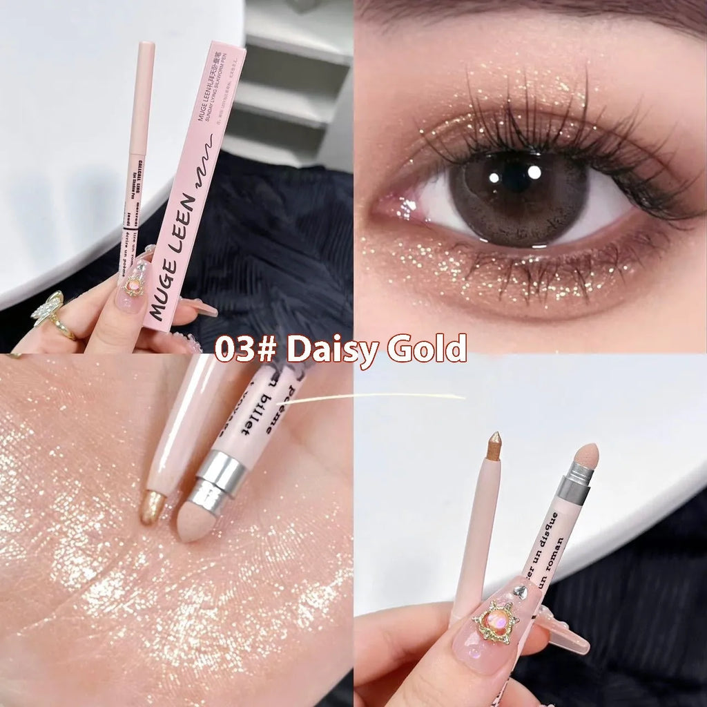 Waterproof non-smudge eye shadow pen in gold and purple shades for highlighting and brightening.