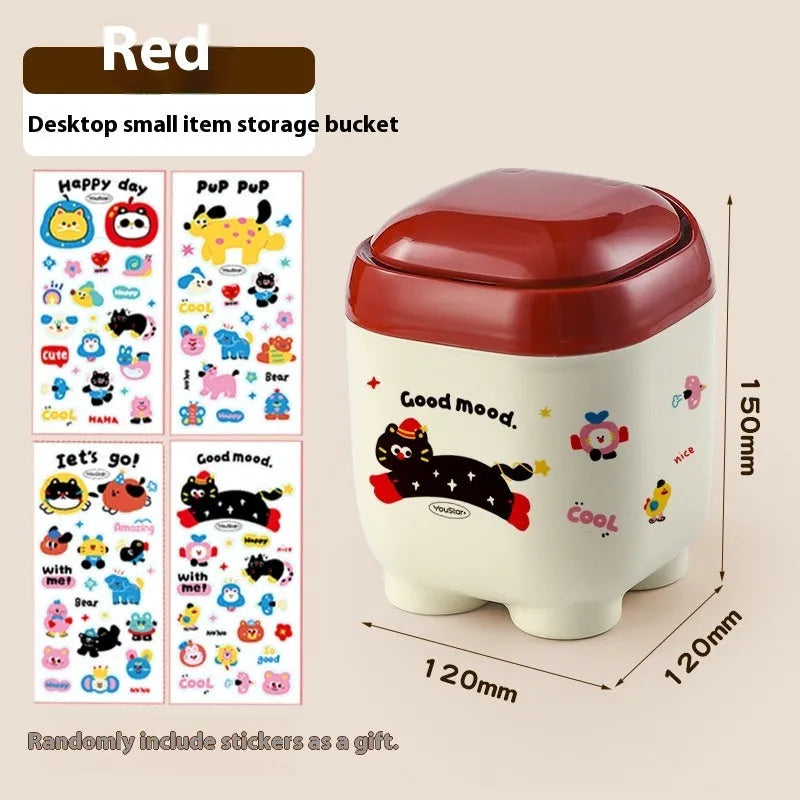 Red and brown cartoon-style desktop storage organiser with grid pattern and sticker set for labelling.
