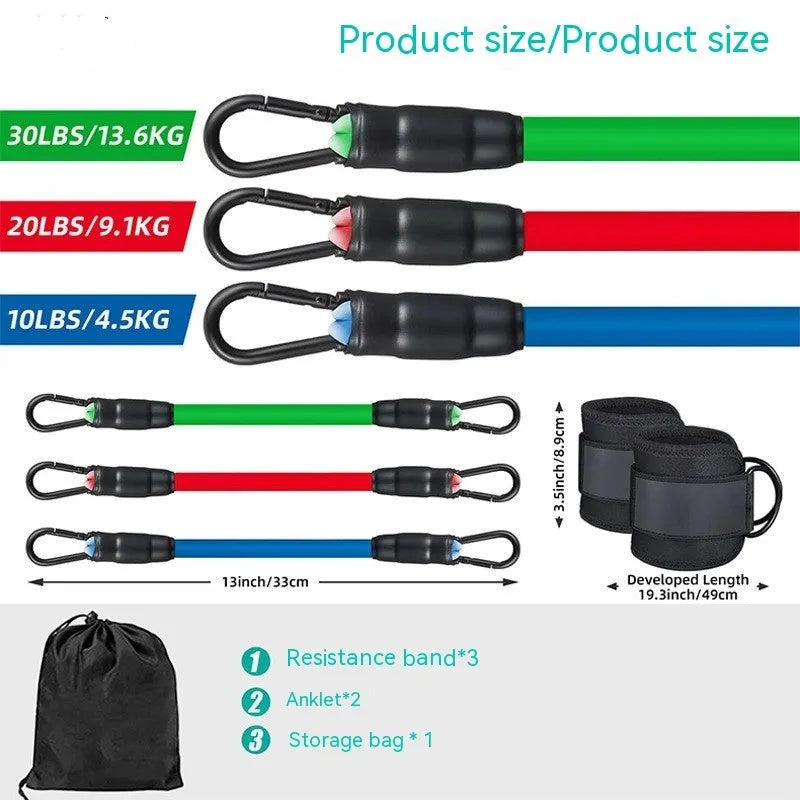 TPE resistance band set with three tension levels and foot loops for hip and leg exercises