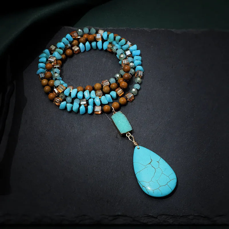 Blue turquoise heart-shaped drop pendant necklace on a long ball bead chain