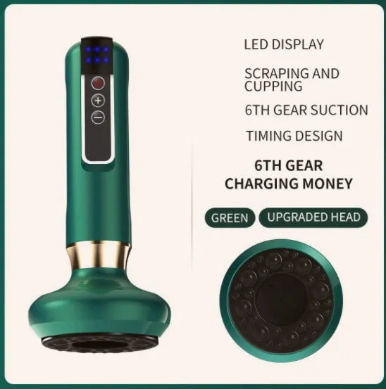 Green electric vacuum cupping massager with adjustable suction and heating controls