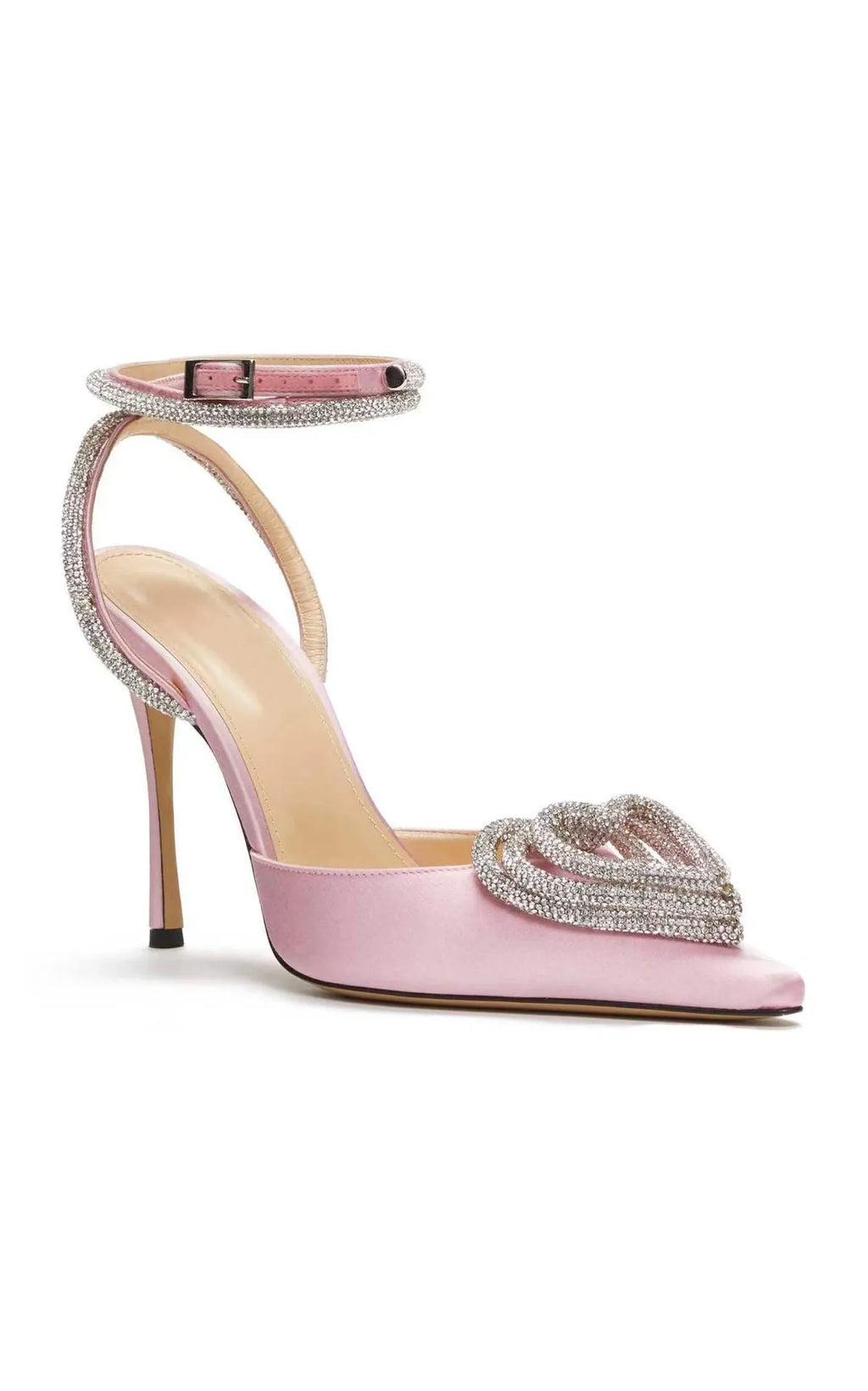 Women's heart-shaped rhinestone sandals with satin pointed toe and adjustable cross-straps in pink colour
