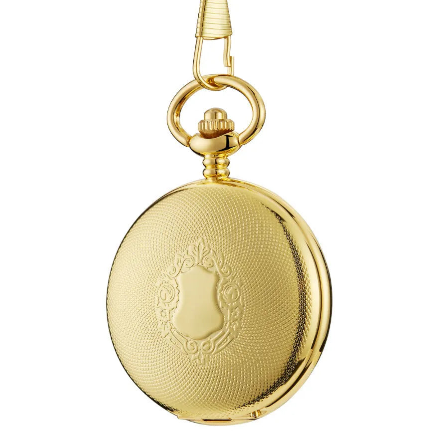 Retro floral print automatic mechanical pocket watch with transparent case back in gold finish.