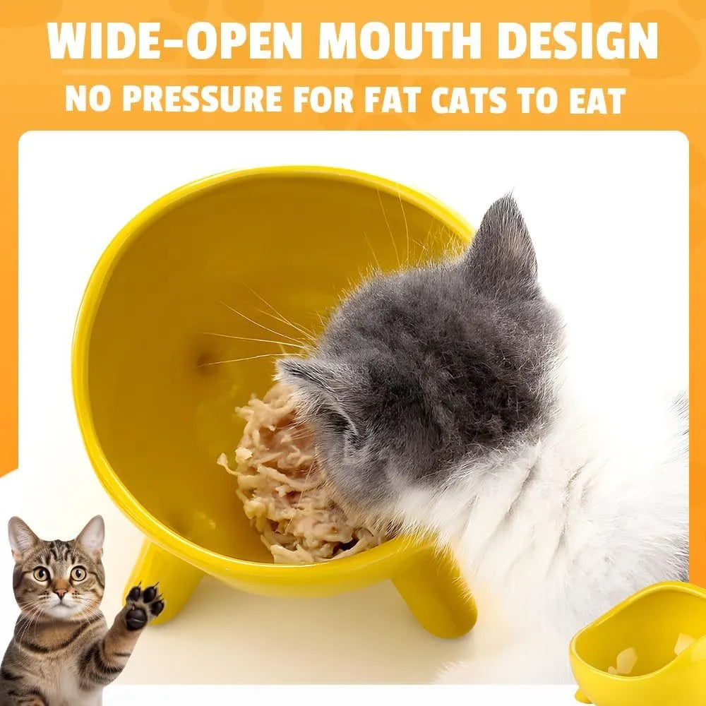 Green ceramic cat food bowl with four-leg stability base on wooden floor