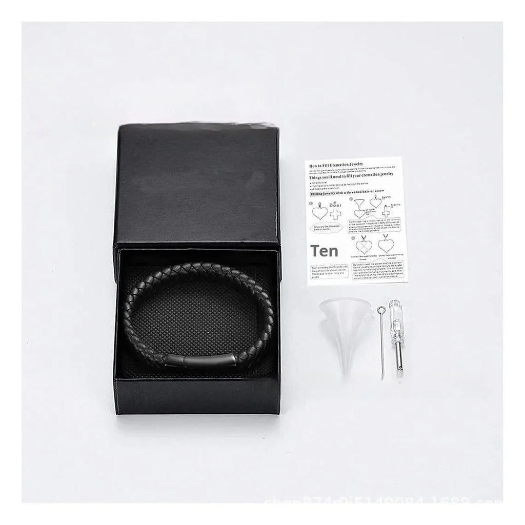 Black leather woven stainless steel memorial bracelet with engraved text in gift box