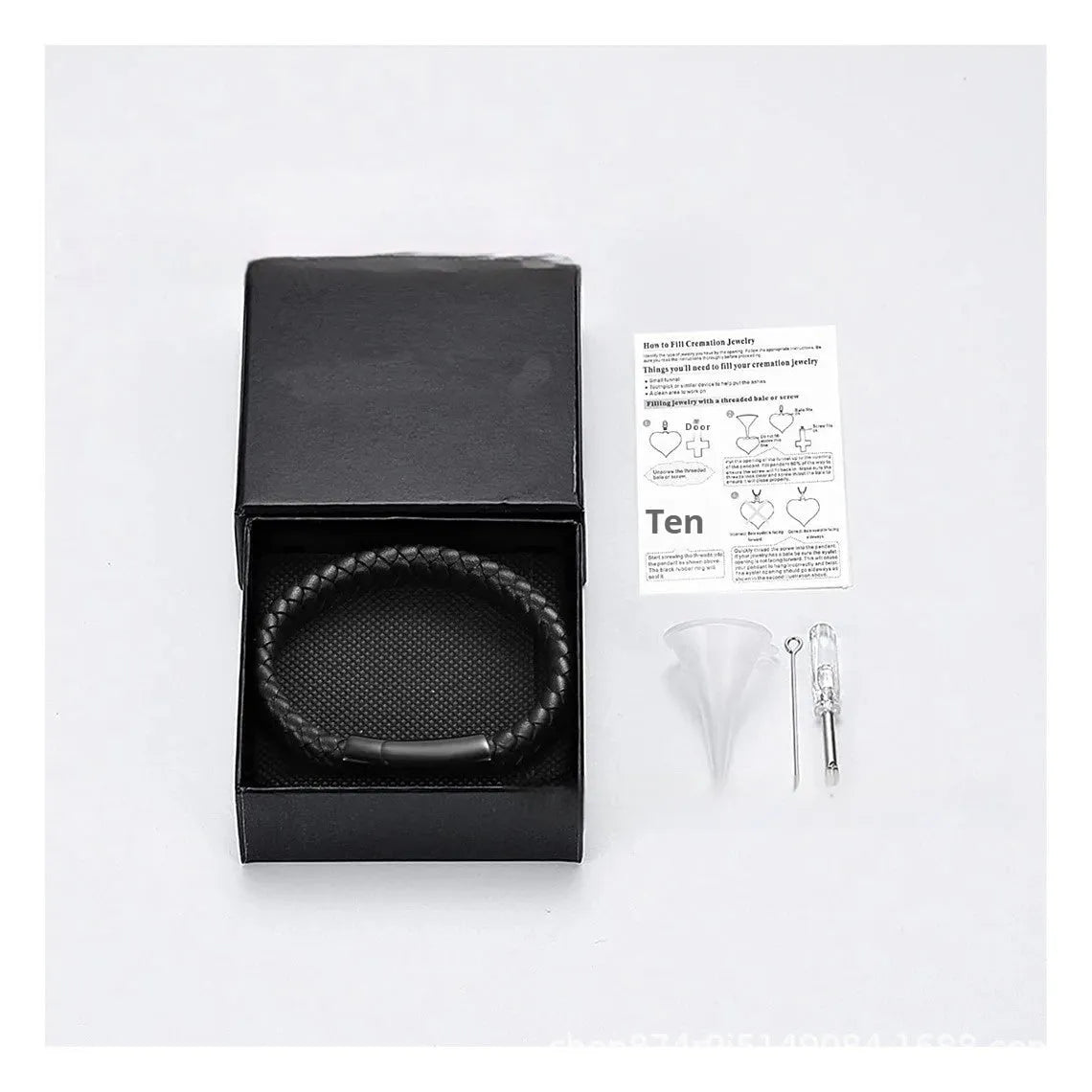 Black leather woven stainless steel memorial bracelet with engraved text in gift box