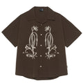Brown striped waterproof outdoor shirt with Cuban collar and short sleeves for mountain camping